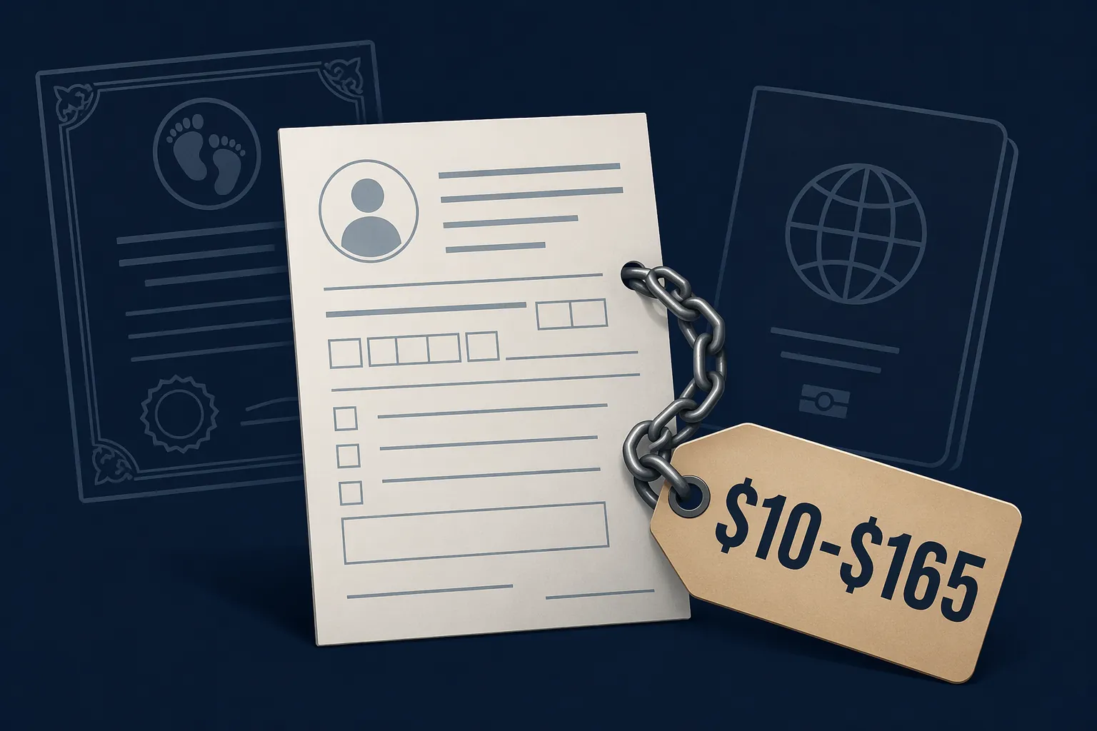 Voter registration form chained to a $10-$165 price tag with citizenship document icons in the background