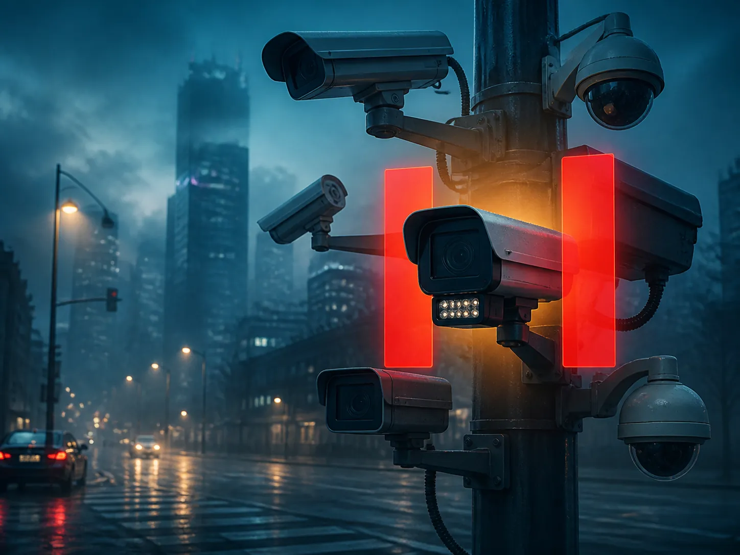 Dusk city street surveillance cameras and automated license-plate reader with pause symbol