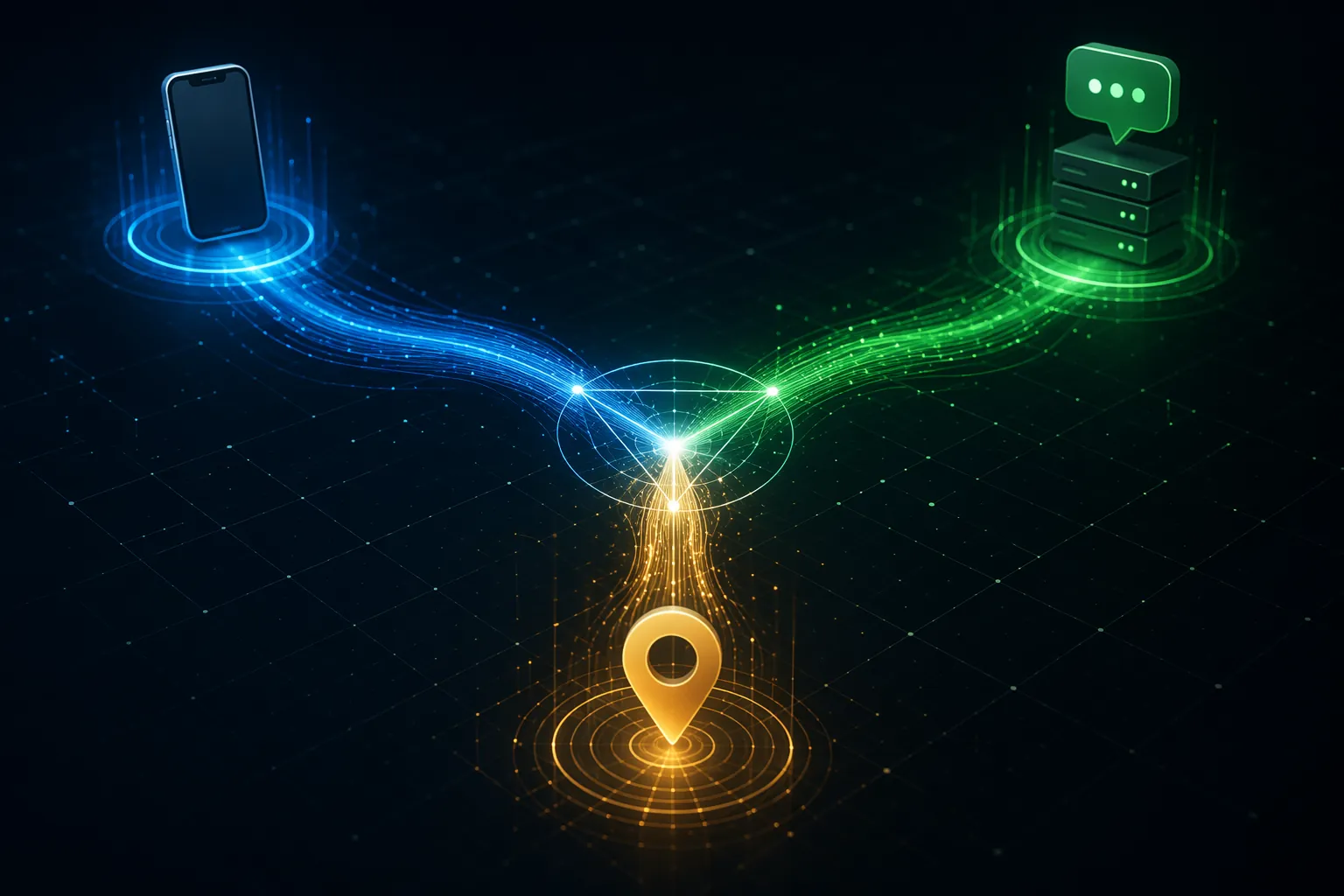 Three glowing digital data streams from a smartphone, chat server, and map pin converging at a central nexus