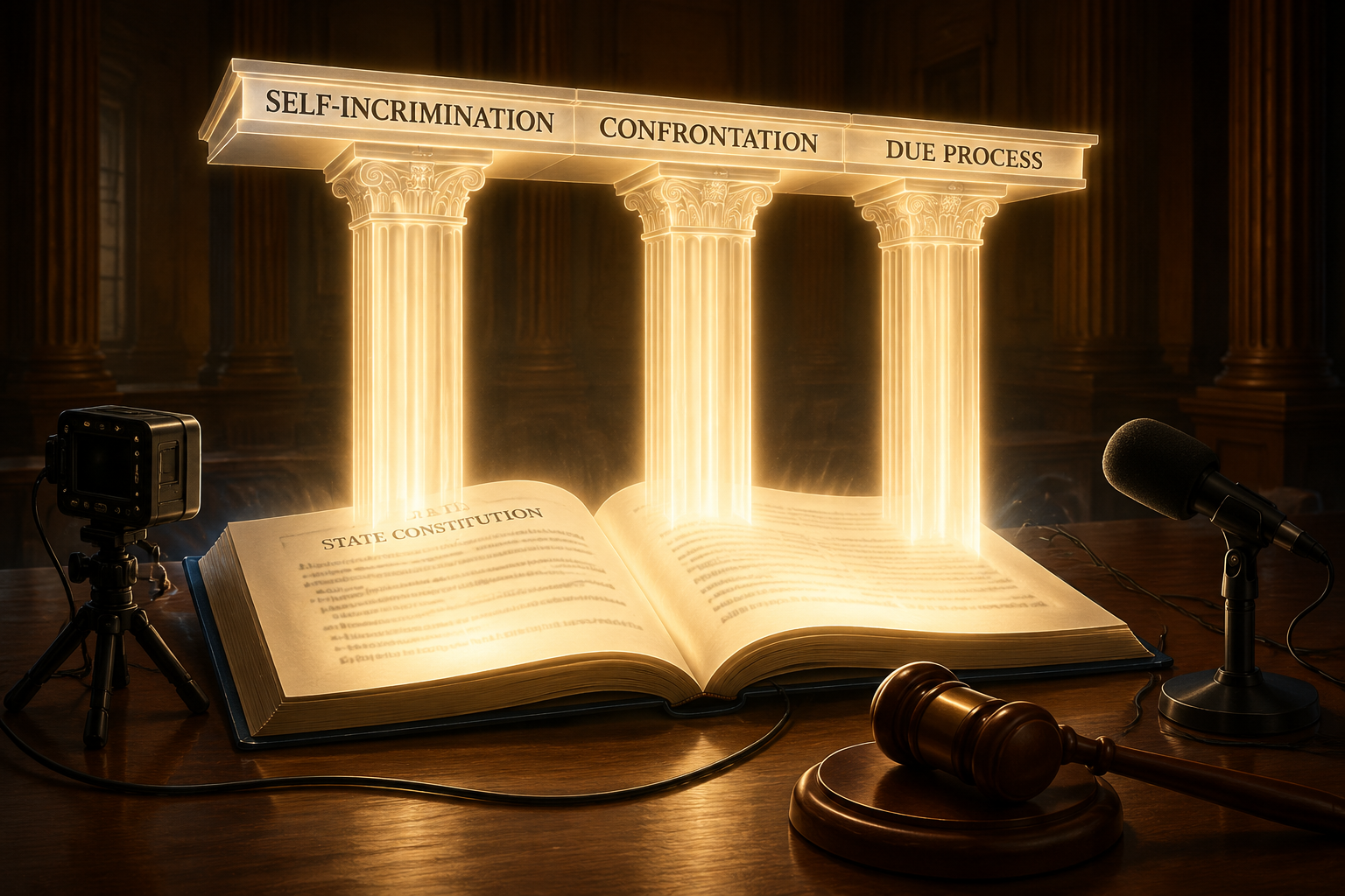 Open state constitution with golden pillar-like beams, a gavel, and a recording device on a desk