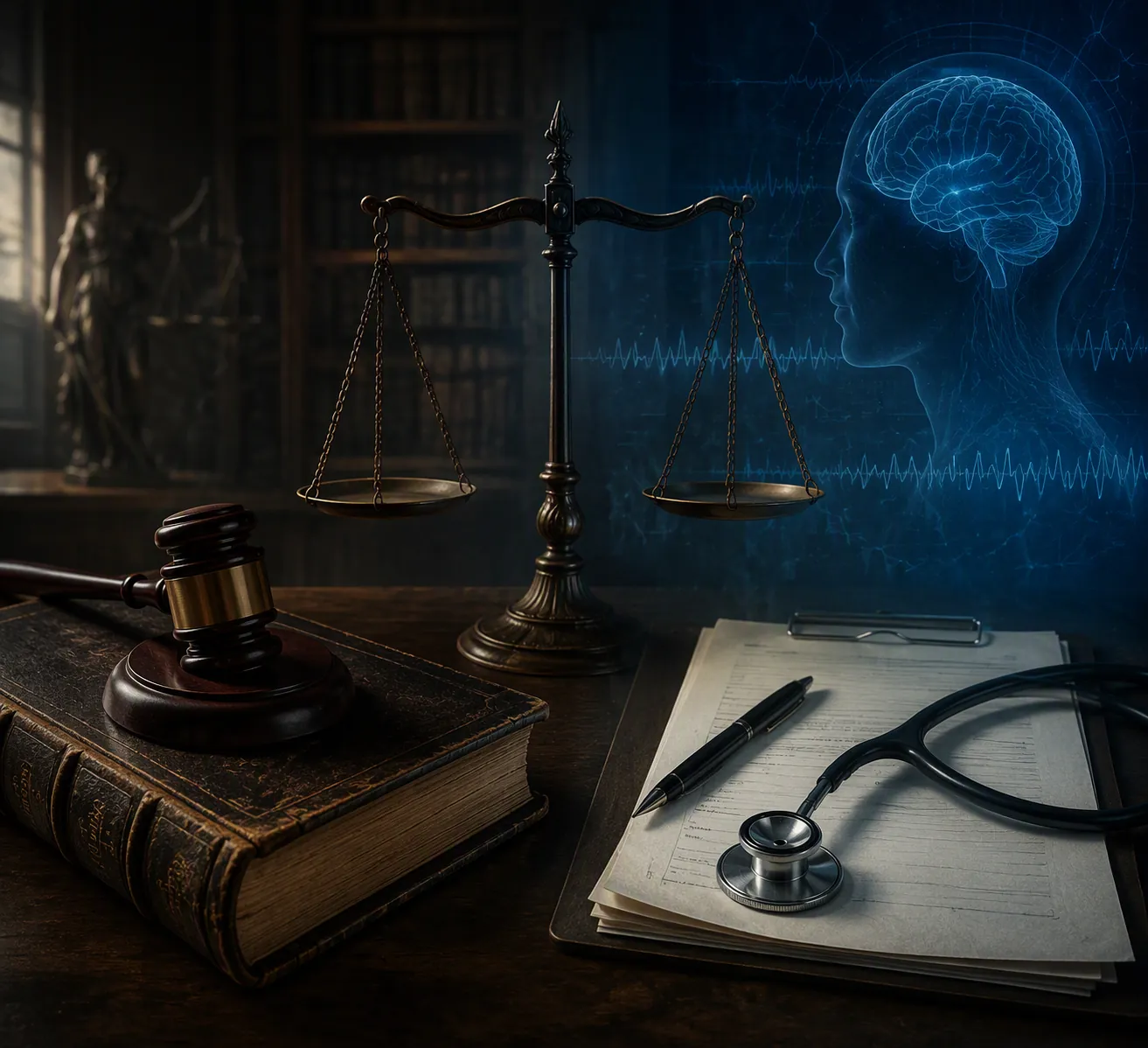 Open law book, gavel, prescription pad, and scale of justice on a dark wooden surface