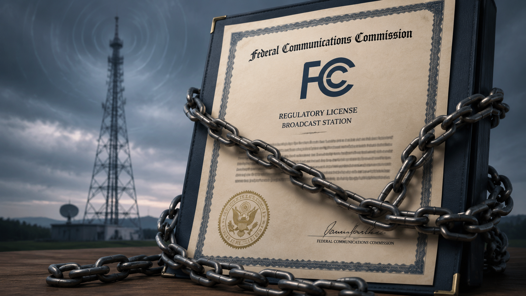 Broadcast transmission tower behind an FCC regulatory document constrained by loose legal chains