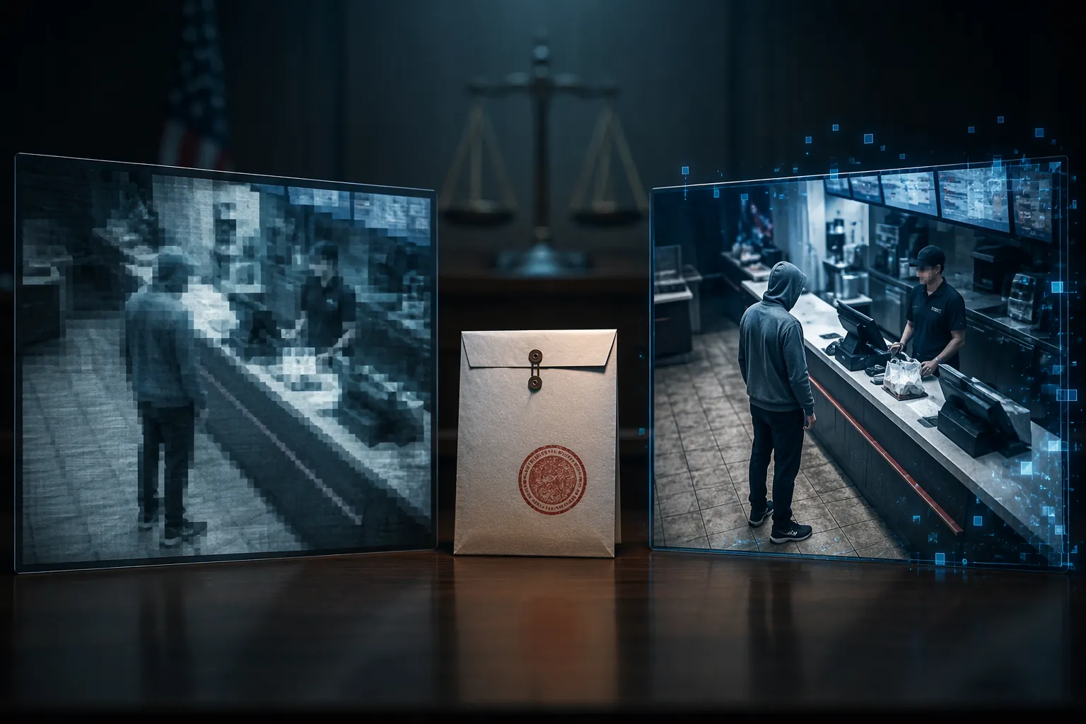 Grainy fast-food surveillance frame contrasted with a sharper AI-enhanced version beside a legal document