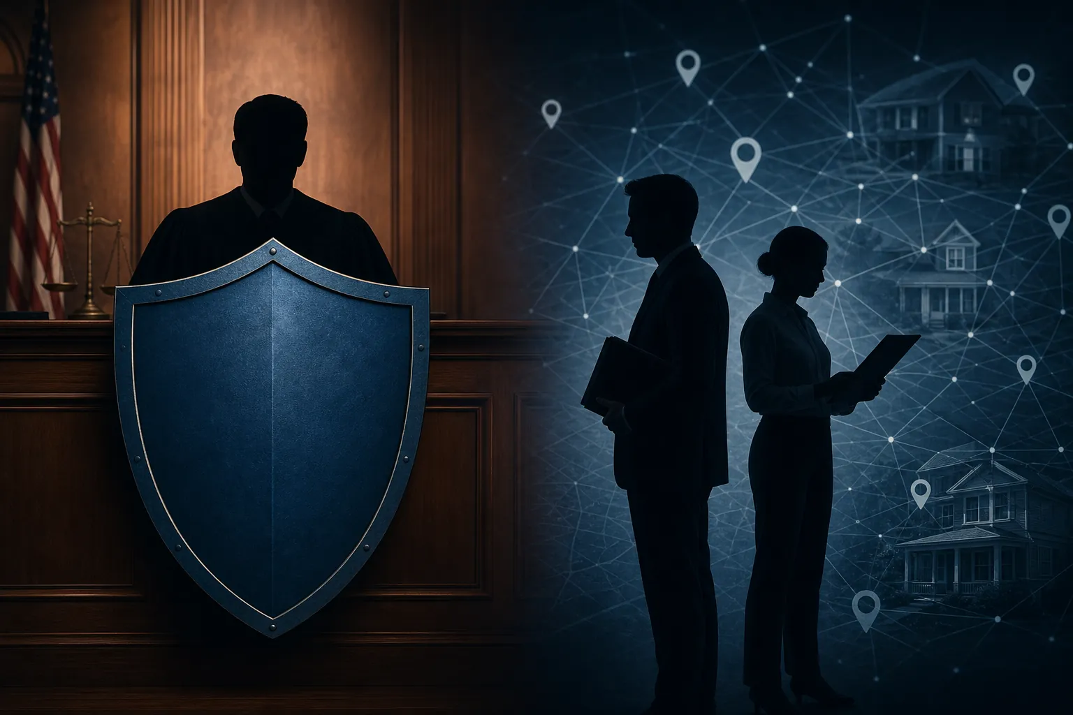 Judge protected by a shield while attorney and paralegal silhouettes remain exposed to networked address markers