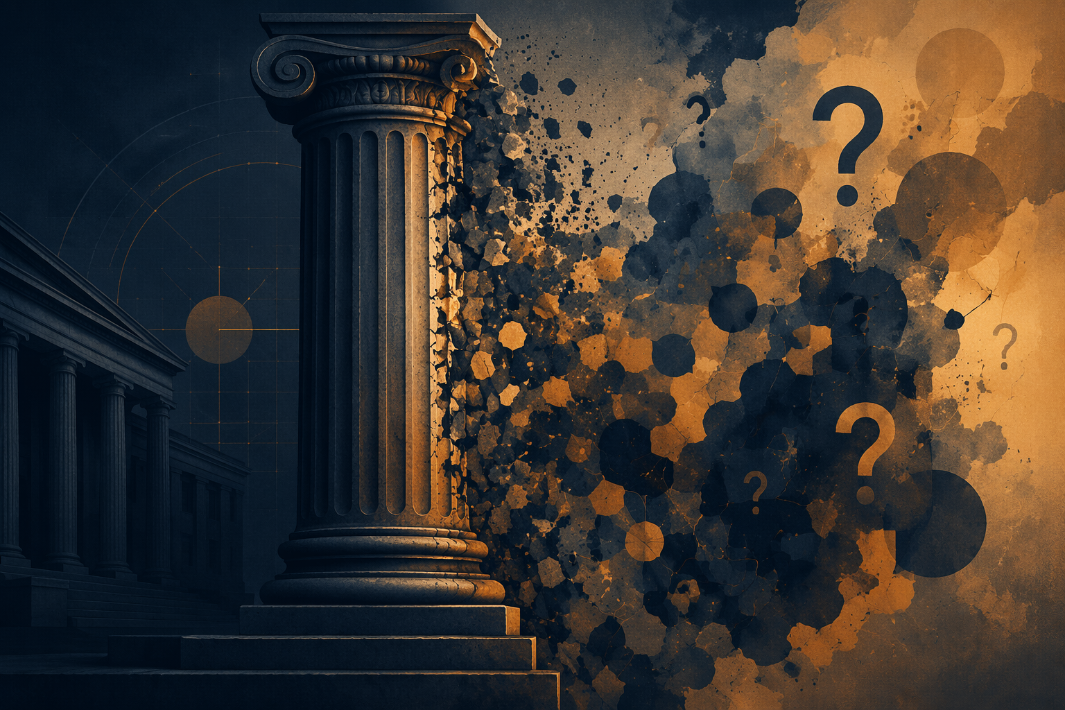 Authoritative legal language dissolving into question marks and abstract shapes