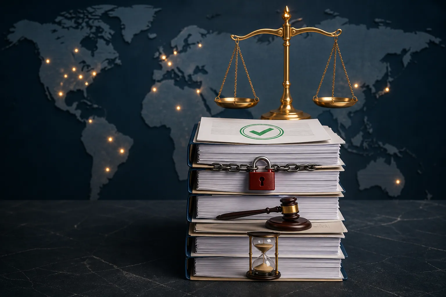 World map with legal dockets, approval stamp, padlock, gavel, hourglass and balance scale showing divergent merger outcomes across jurisdictions