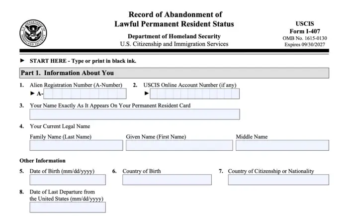 Form I-407 Record of Abandonment of Lawful Permanent Resident Status with signature fields