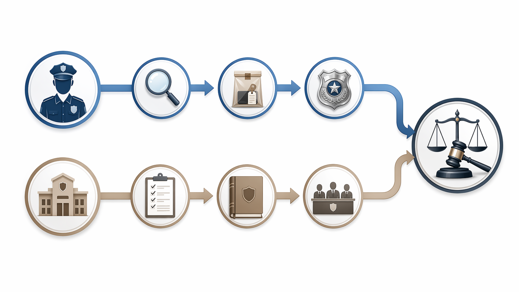 Infographic showing PRCIT criminal investigation and TPD Force Review pathways converging at a courthouse authority node