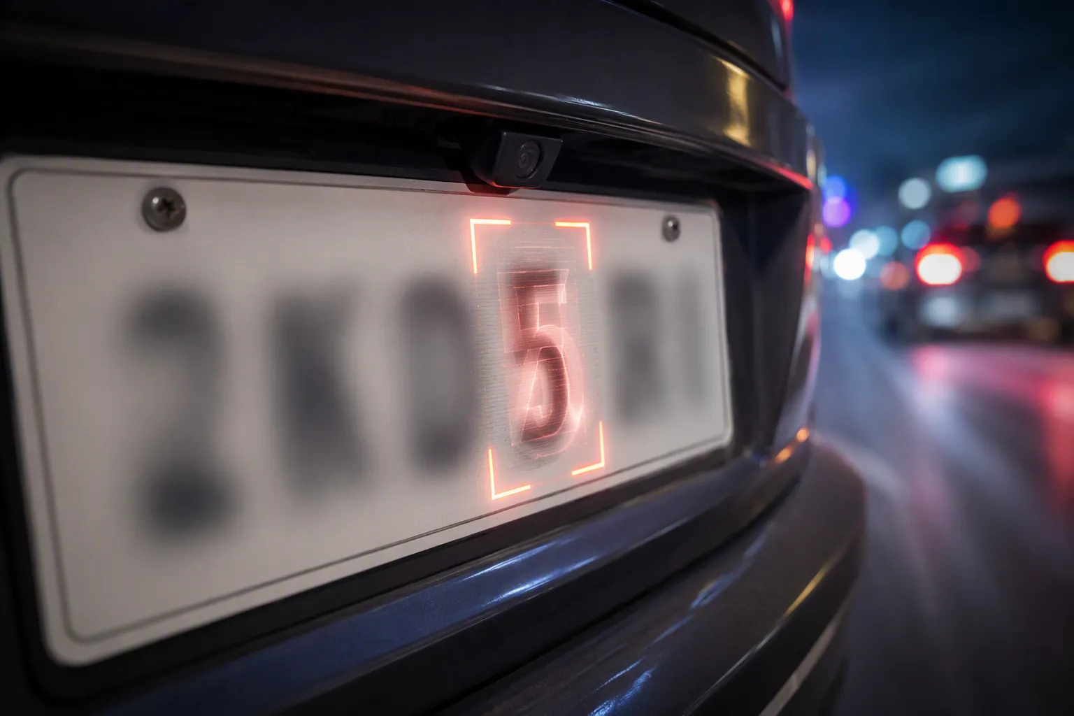 Close-up of a license plate character under a scanner reticle with a ghosted alternate character