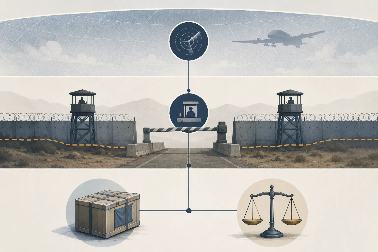 Editorial illustration of retained control monitoring points including airspace, crossing gate, buffer line, aid crate, and balance scale