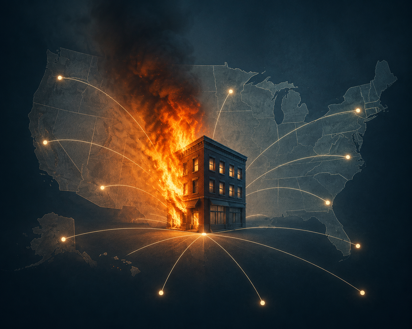 Illustration of a burning small building connected to distant points across a map, representing interstate-commerce jurisdiction