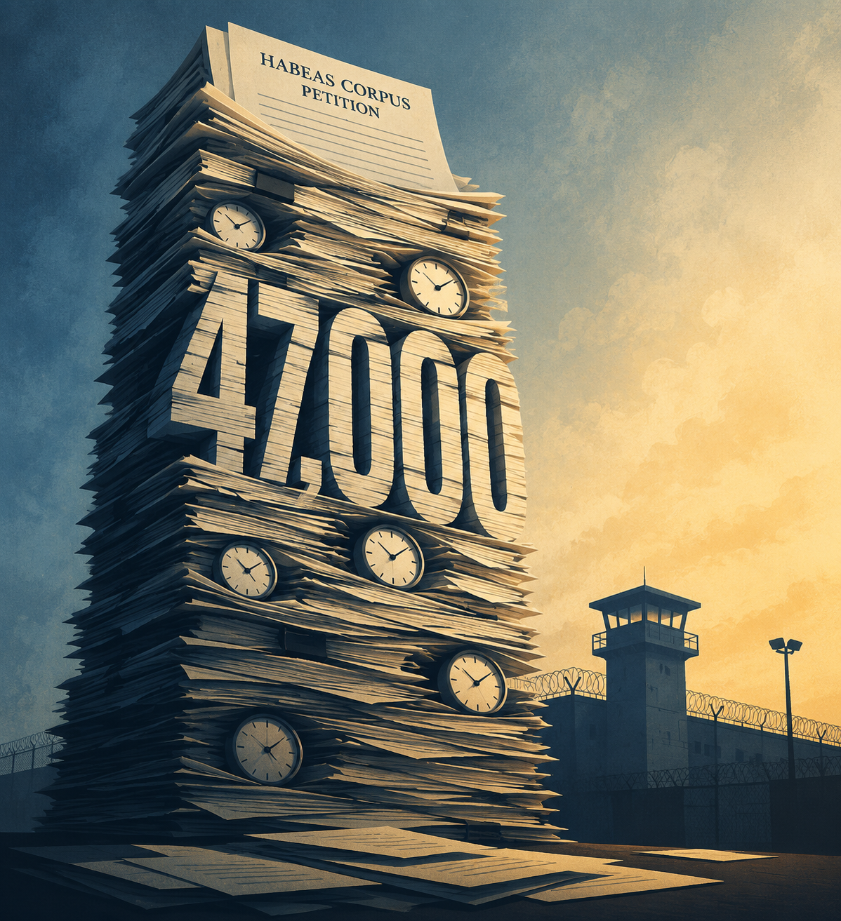 Stack of habeas corpus petitions rising in front of a detention center