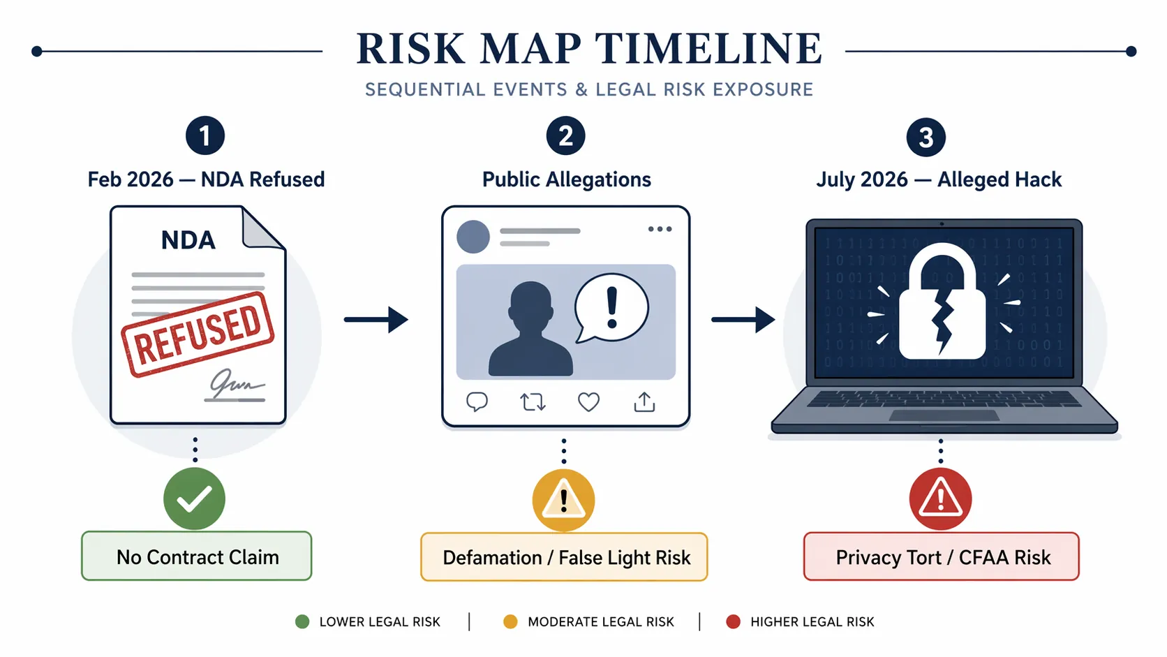 Three-panel risk-map timeline showing NDA refusal, social media statement risk, and alleged hacking or privacy risk