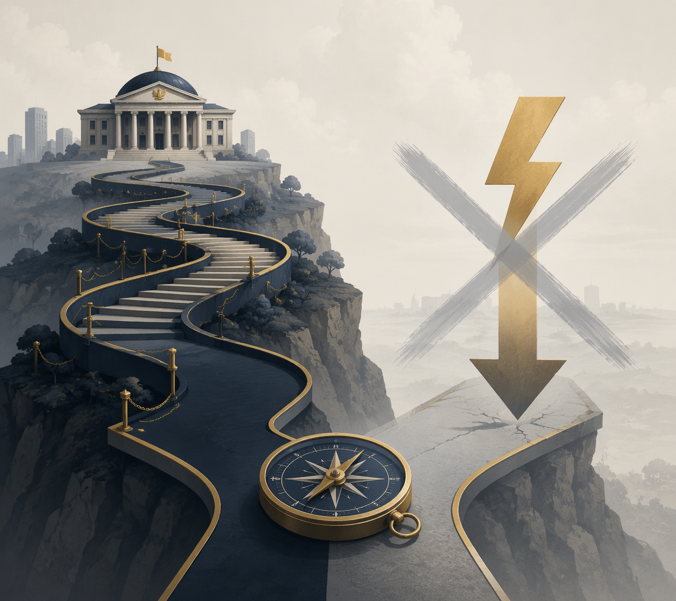 A comparison visual showing an ordinary legislative route and a faded emergency regulation path with a compass at the fork.