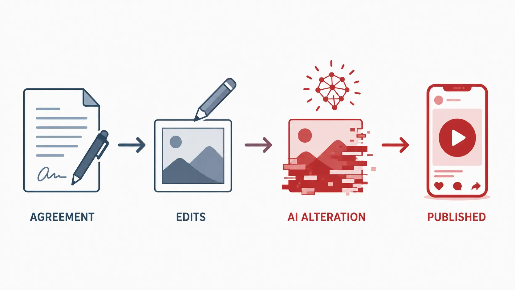 Four-step workflow showing agreement, edits, AI alteration, and publication