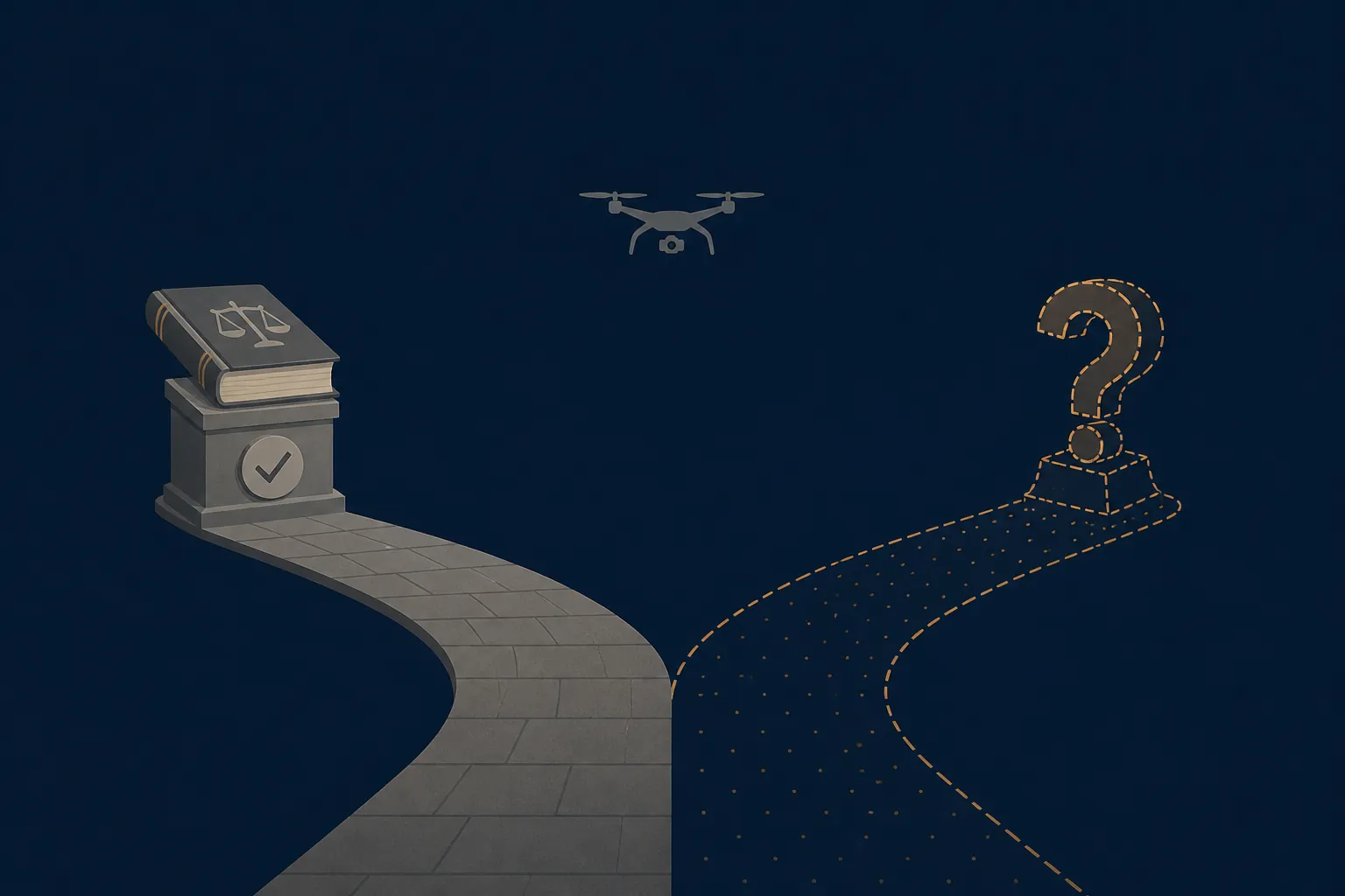 Forked path showing settled existing law and an unresolved new-treaty debate for autonomous drone strikes