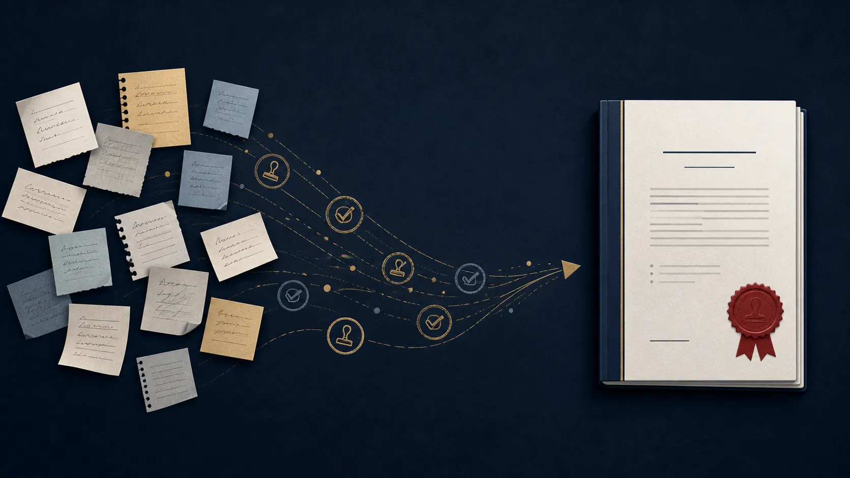 Scattered source notes flowing into a bound legal filing marked with a verification seal