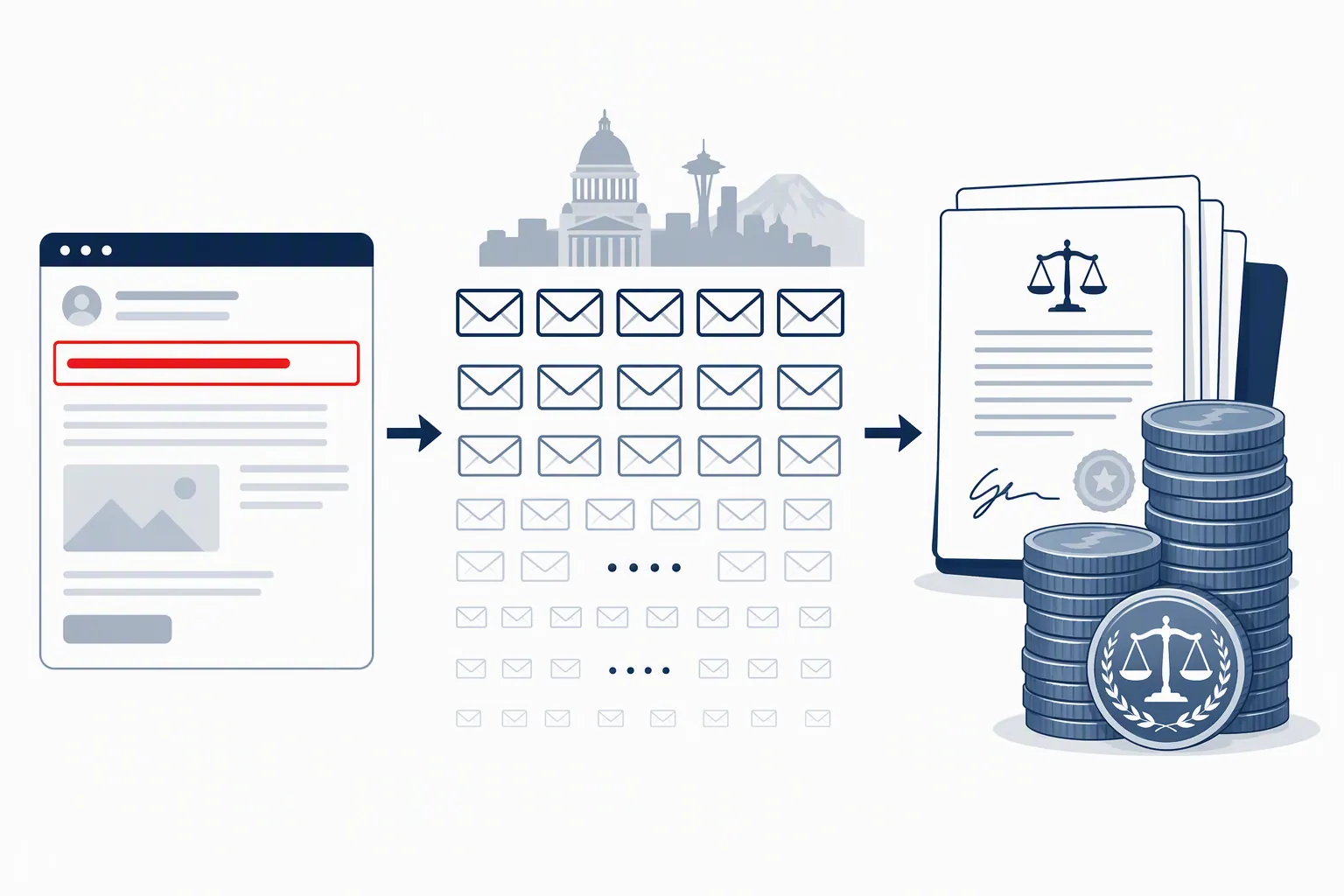 Illustration of one promotional email multiplying into many subscriber messages and legal exposure