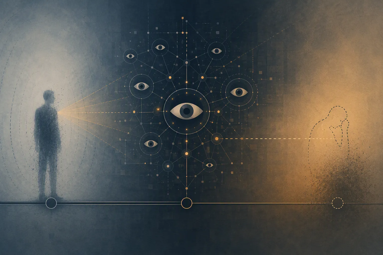 An abstract timeline showing AI surveillance identifying a person before visible harm occurs