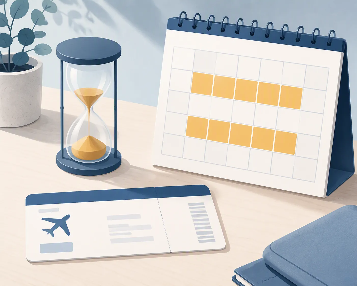 Boarding pass, hourglass, and calendar with ten highlighted days representing a short verification window