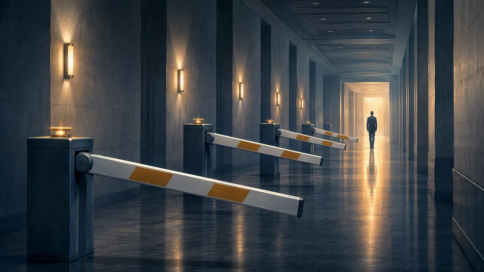 A long corridor with sequential procedural gates blocking the path