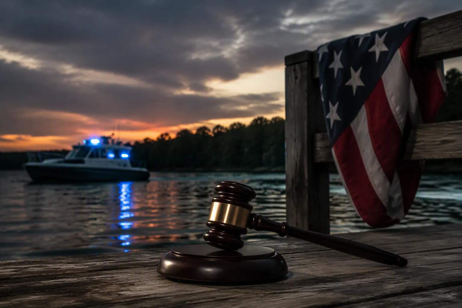 A judge's gavel on a dock beside a dark river with patrol boat lights and a folded American flag