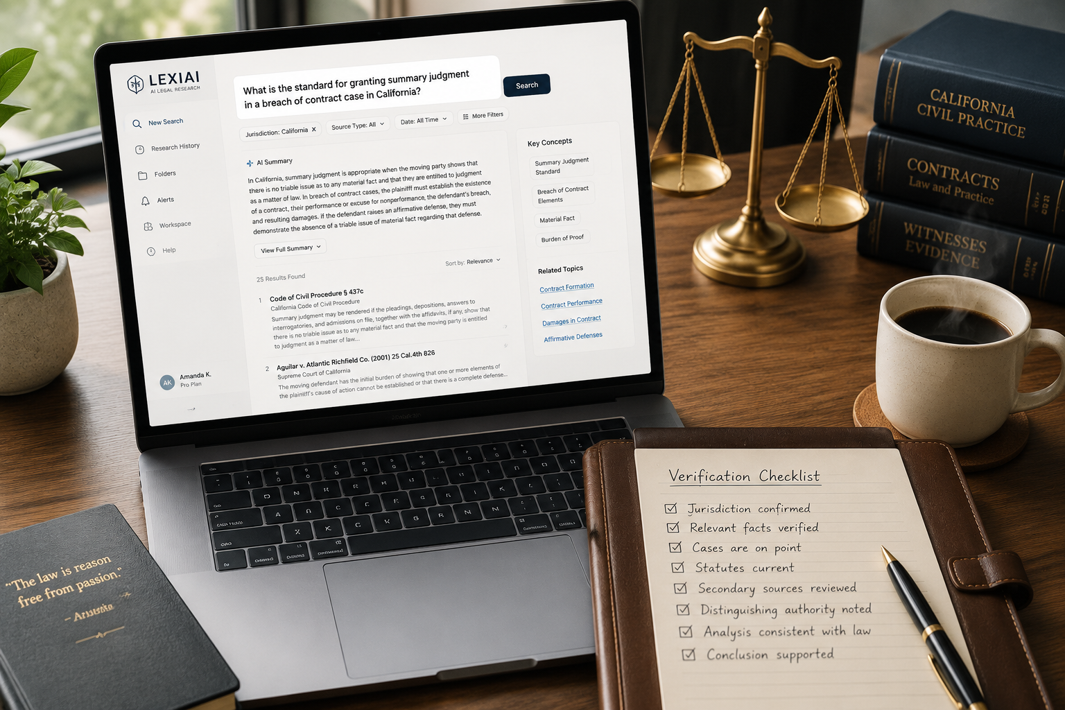 Legal workspace with AI research results and a handwritten verification checklist