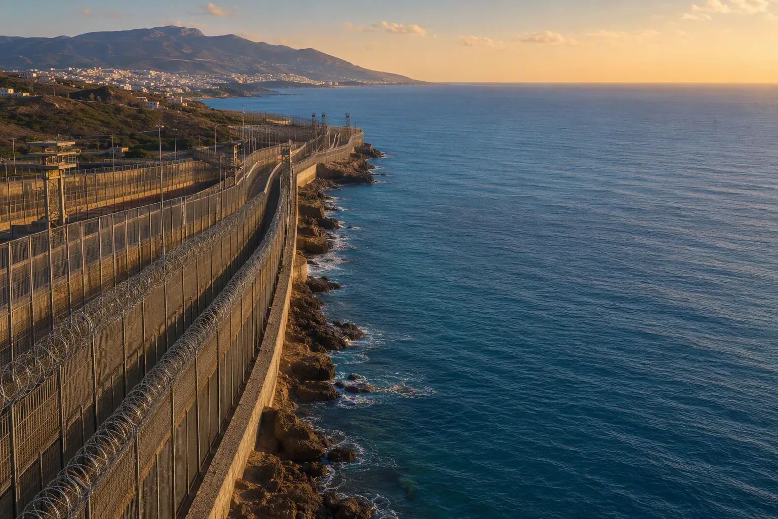 Aerial-style illustration of a multi-layer border fence along the coastline where land barriers give way to open sea