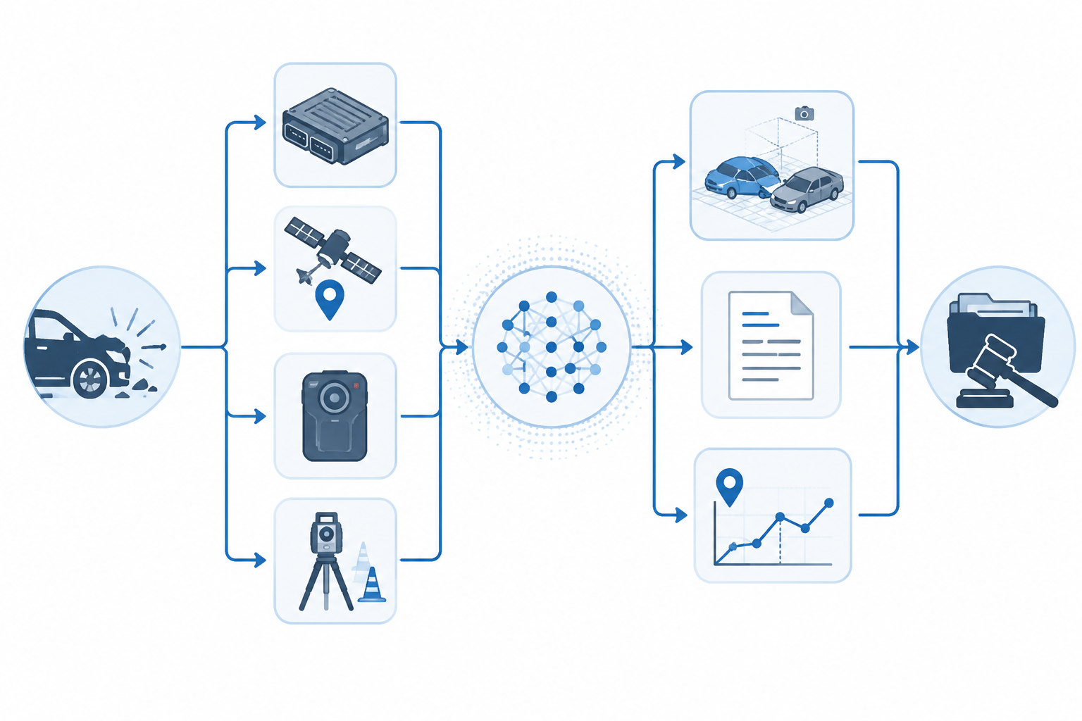 Evidence workflow pipeline from crash scene data sources through AI processing to reconstruction outputs and prosecutorial theory