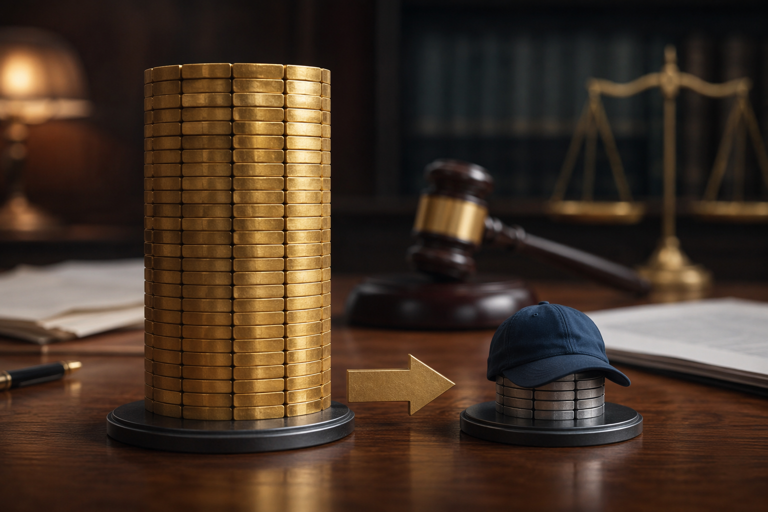 Tall and small stacks of coins on a legal table illustrating a jury verdict reduced by a statutory cap