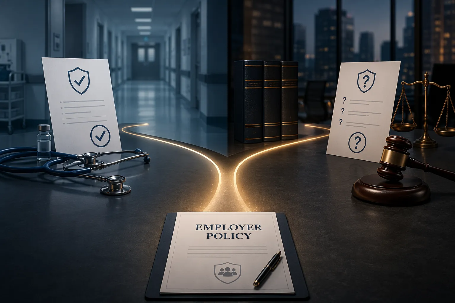 Two diverging employer policy paths showing healthcare vaccination authority and legal accommodation constraints