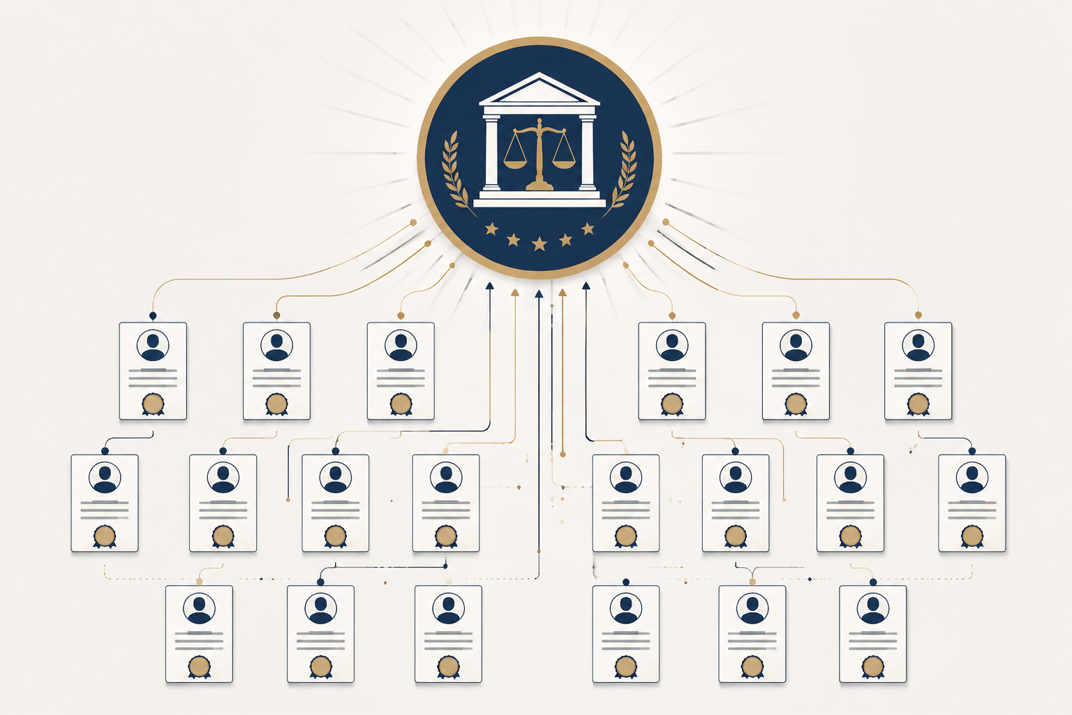 Individual declarant document cards connected to a central agency seal to show systemic policy inference from case-specific evidence