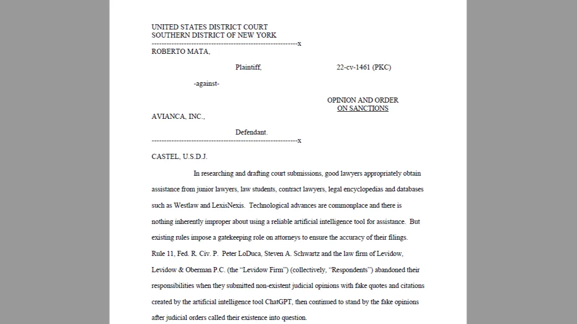 Federal court sanctions decision in the Mata v. Avianca ChatGPT citation case