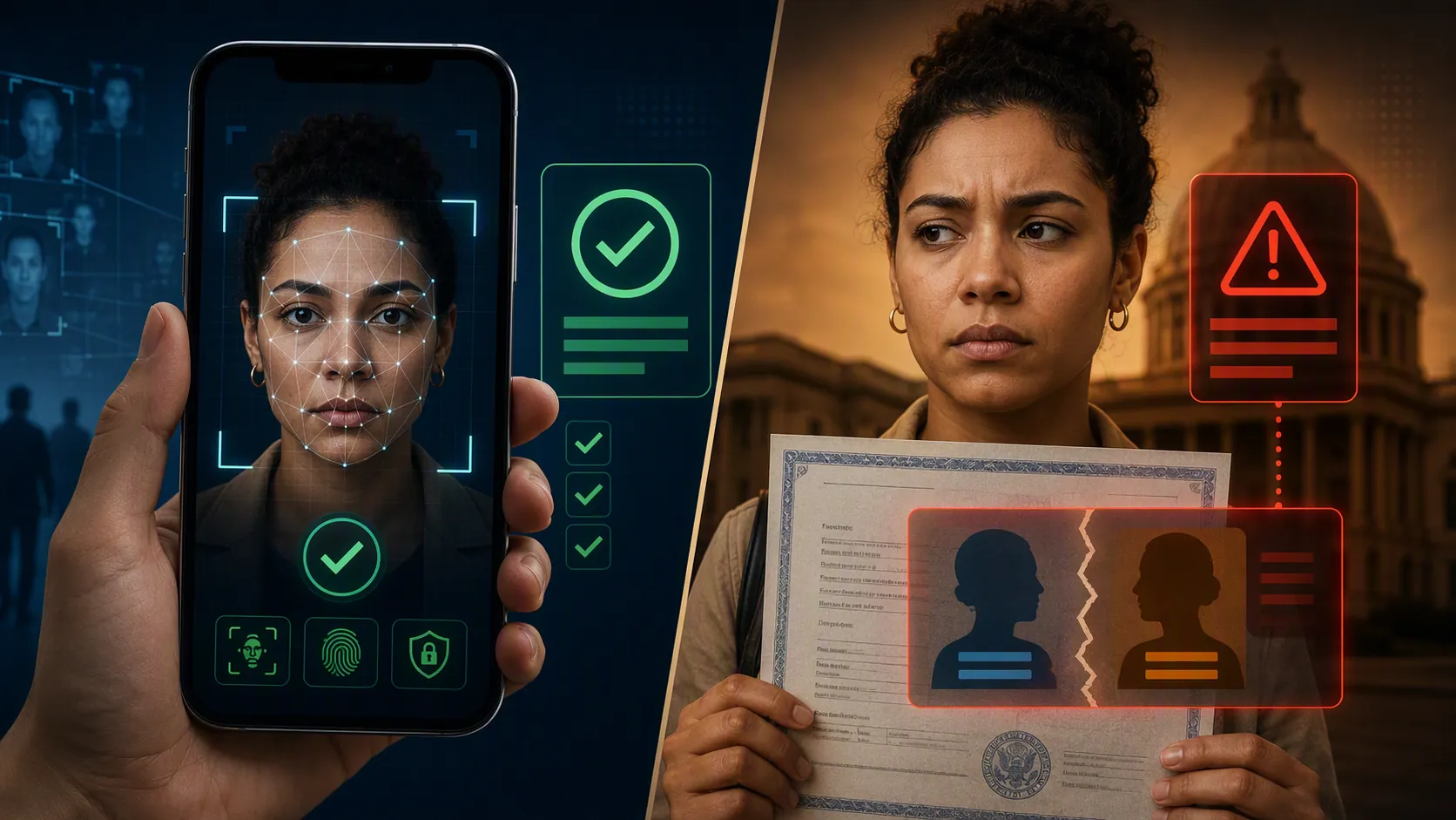 Illustration contrasting a smartphone facial recognition match with a woman holding a birth certificate and a misidentification warning