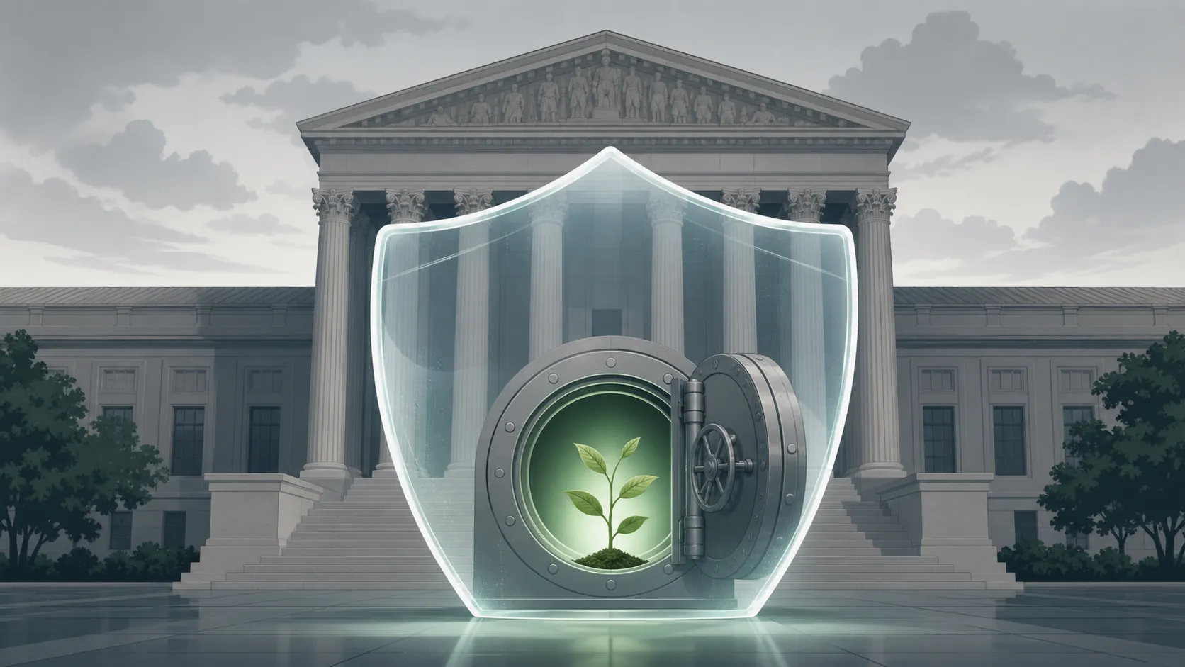 Federal courthouse with a protective barrier in front of a green-lit bank vault and sprout, symbolizing frozen climate funds protected during litigation
