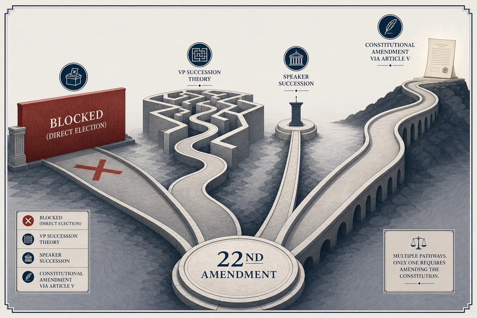 Minimal navy infographic showing conceptual constitutional pathways branching from a central point, including a blocked path, a maze, a podium, and a document symbol