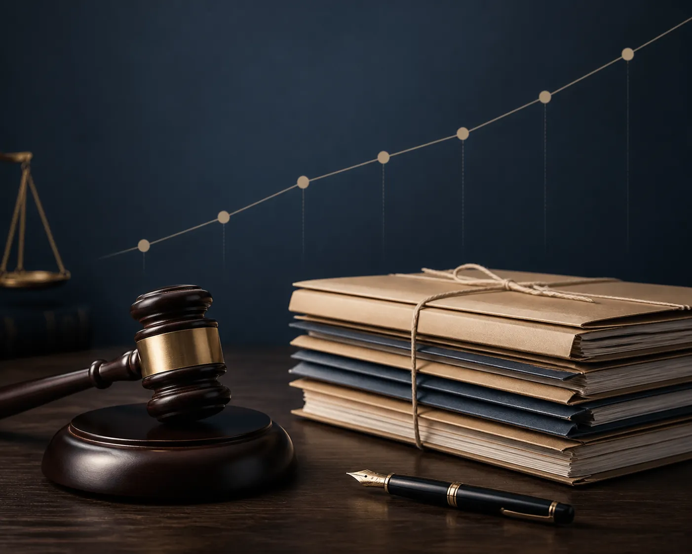 Gavel, tied case files and pen on a desk with timeline milestone dots