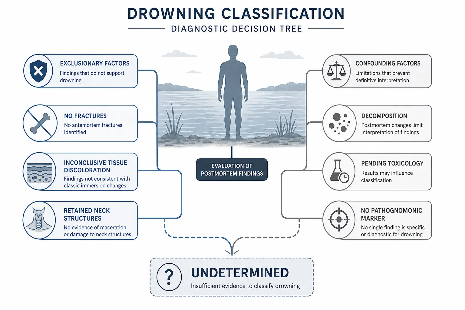 Editorial decision tree showing drowning diagnosis of exclusion and an undetermined outcome