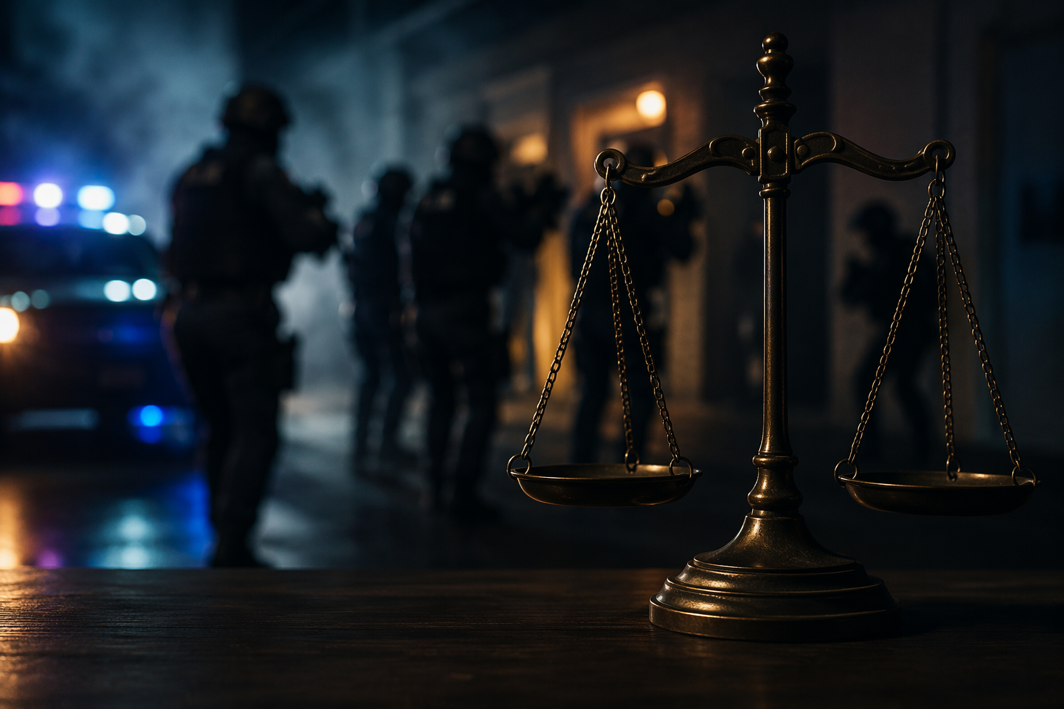 Scale of justice in front of emergency lights and tactical police silhouettes