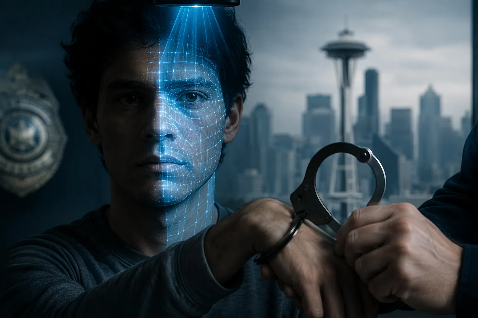 A face partially illuminated by a blue digital scanning grid, with a loosely cuffed wrist, a blurred police badge, and the Seattle Space Needle in the background