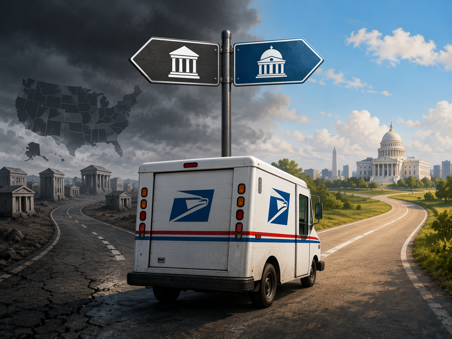 USPS mail truck at a crossroads with conflicting court rulings