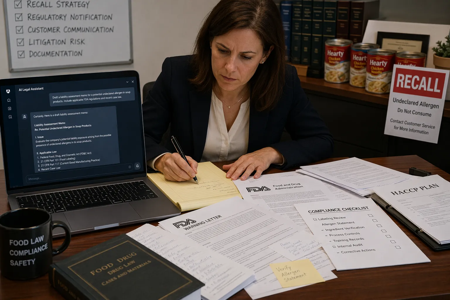 Legal professional reviewing AI output, FDA regulatory documents, a HACCP plan, and recall materials