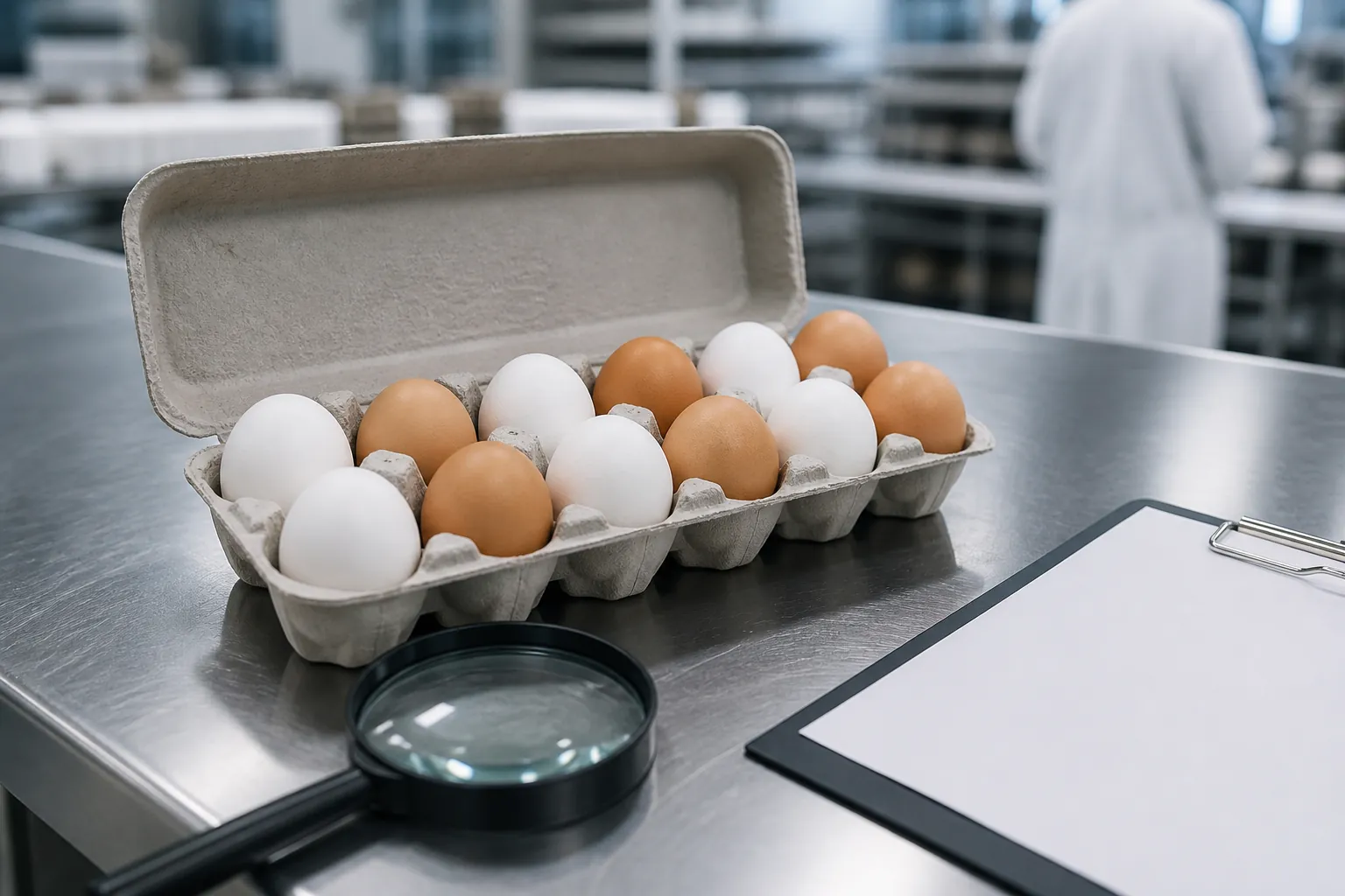 Unbranded egg carton on an inspection table with a magnifying glass and checklist