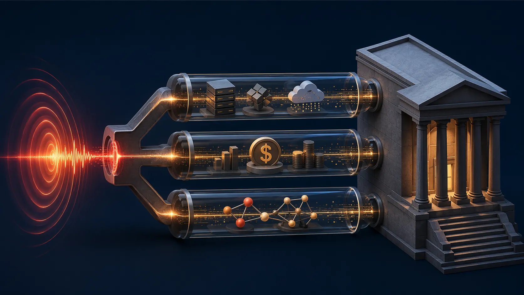 Three risk channels carrying a market shock toward a law firm building