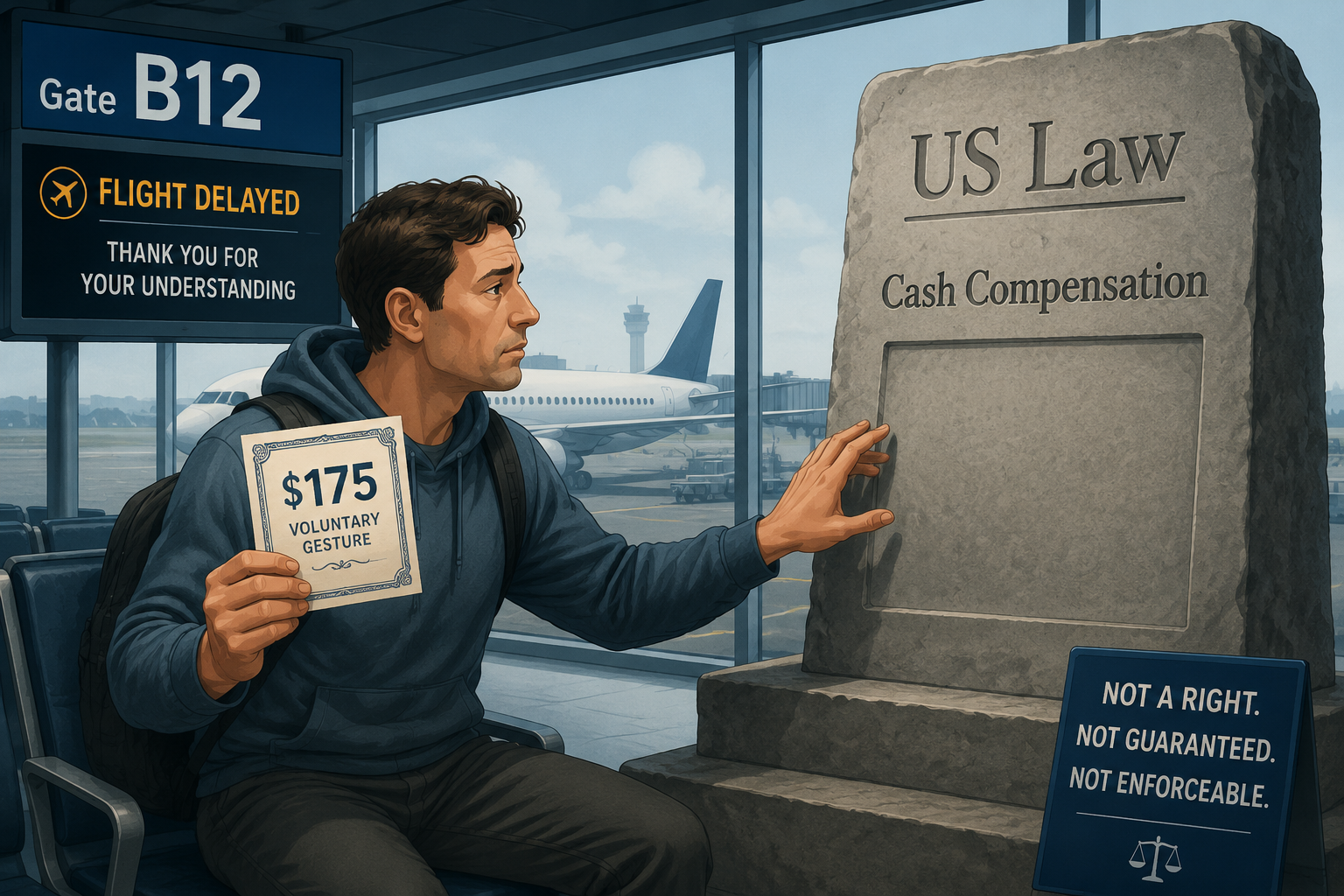 Passenger at an airport gate holding a $175 certificate beside a blank US Law tablet for cash compensation