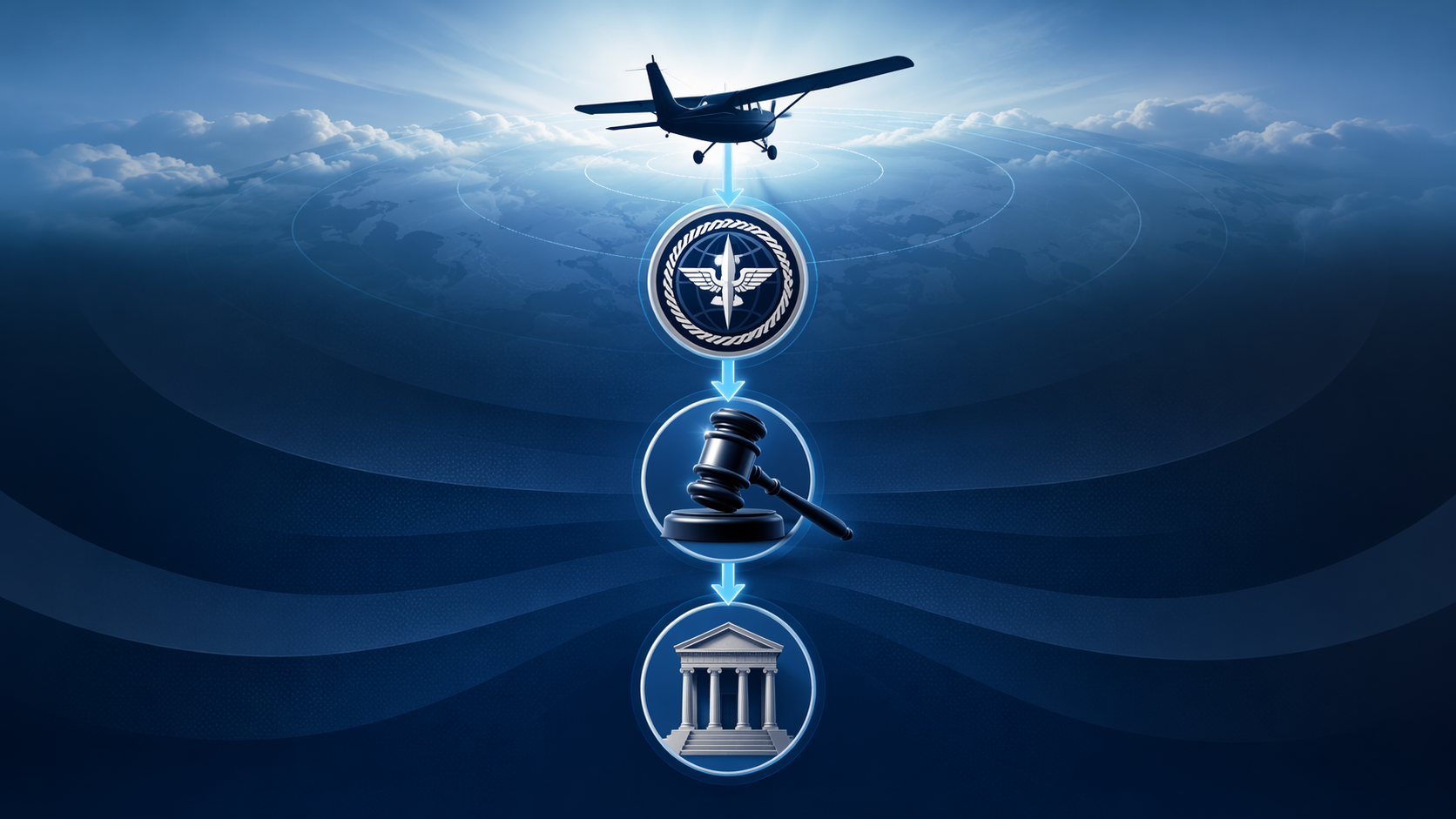 Diagram-style illustration of a small aircraft moving through FAA enforcement, penalty action, and potential courthouse prosecution