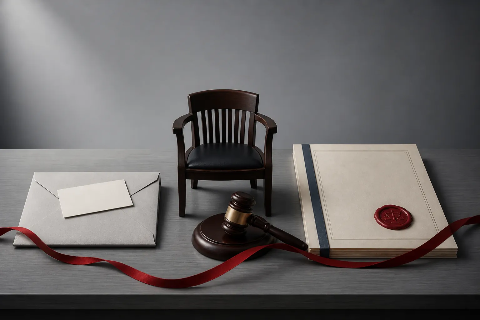 Unopened notice envelope, empty hearing chair, gavel, and sealed document representing missed pre-removal process