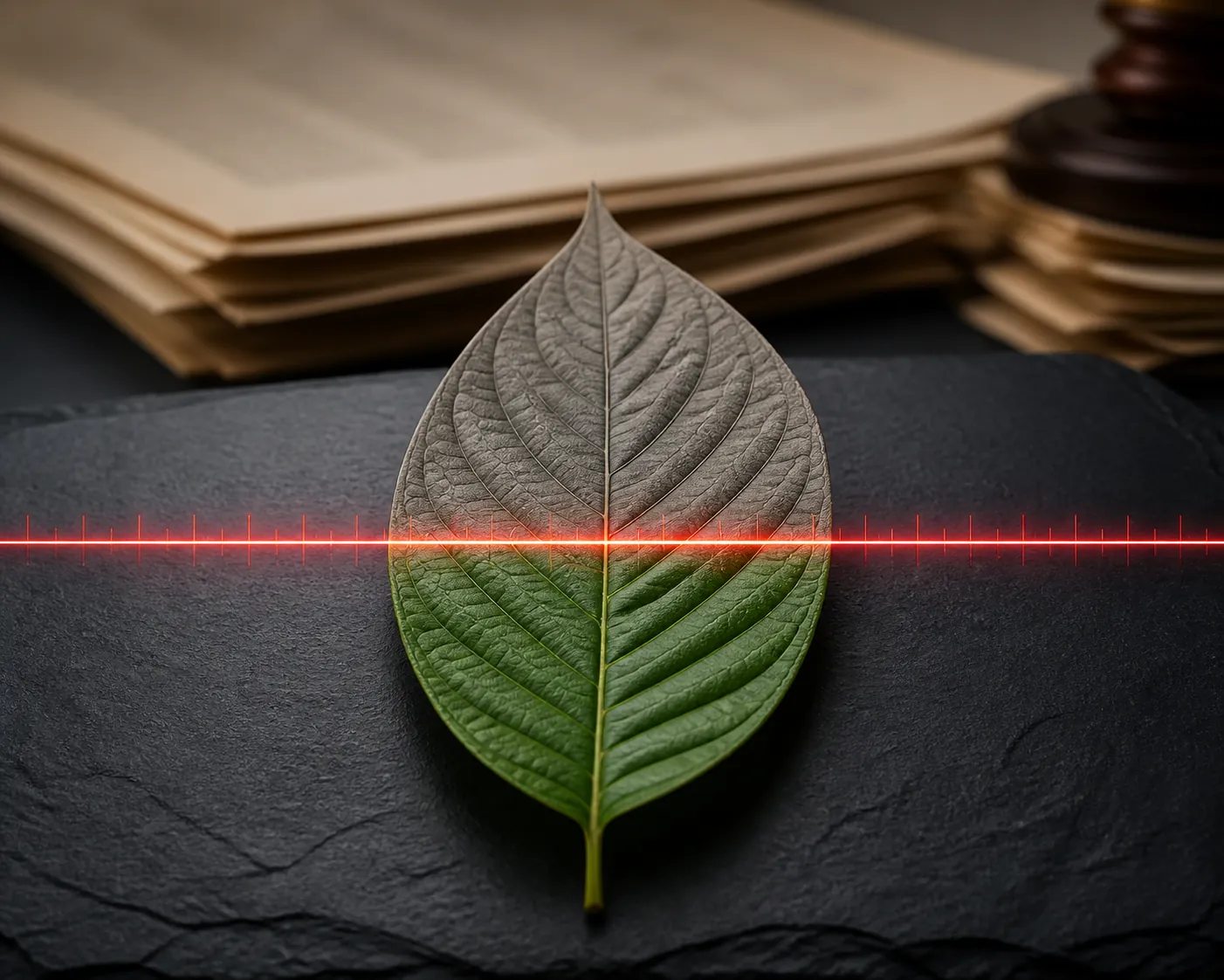 Botanical kratom leaf crossed by a red concentration threshold line with legal documents in the background