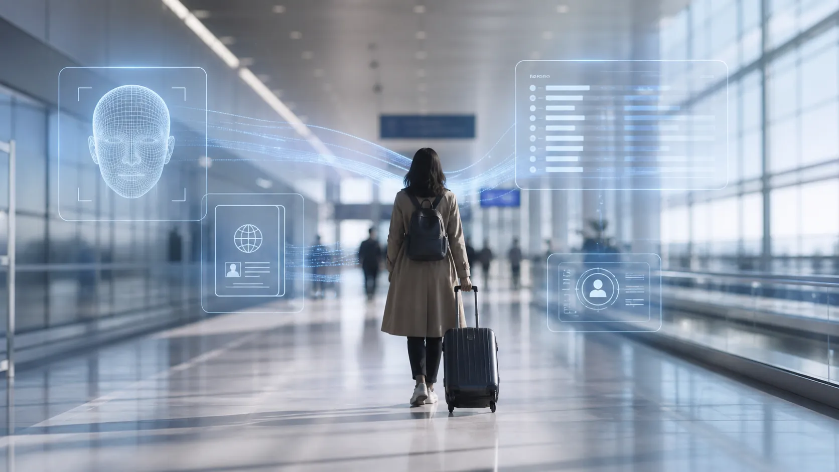 Traveler walking through an airport terminal while abstract passenger, passport, face-scan, and biometric data elements appear around the corridor