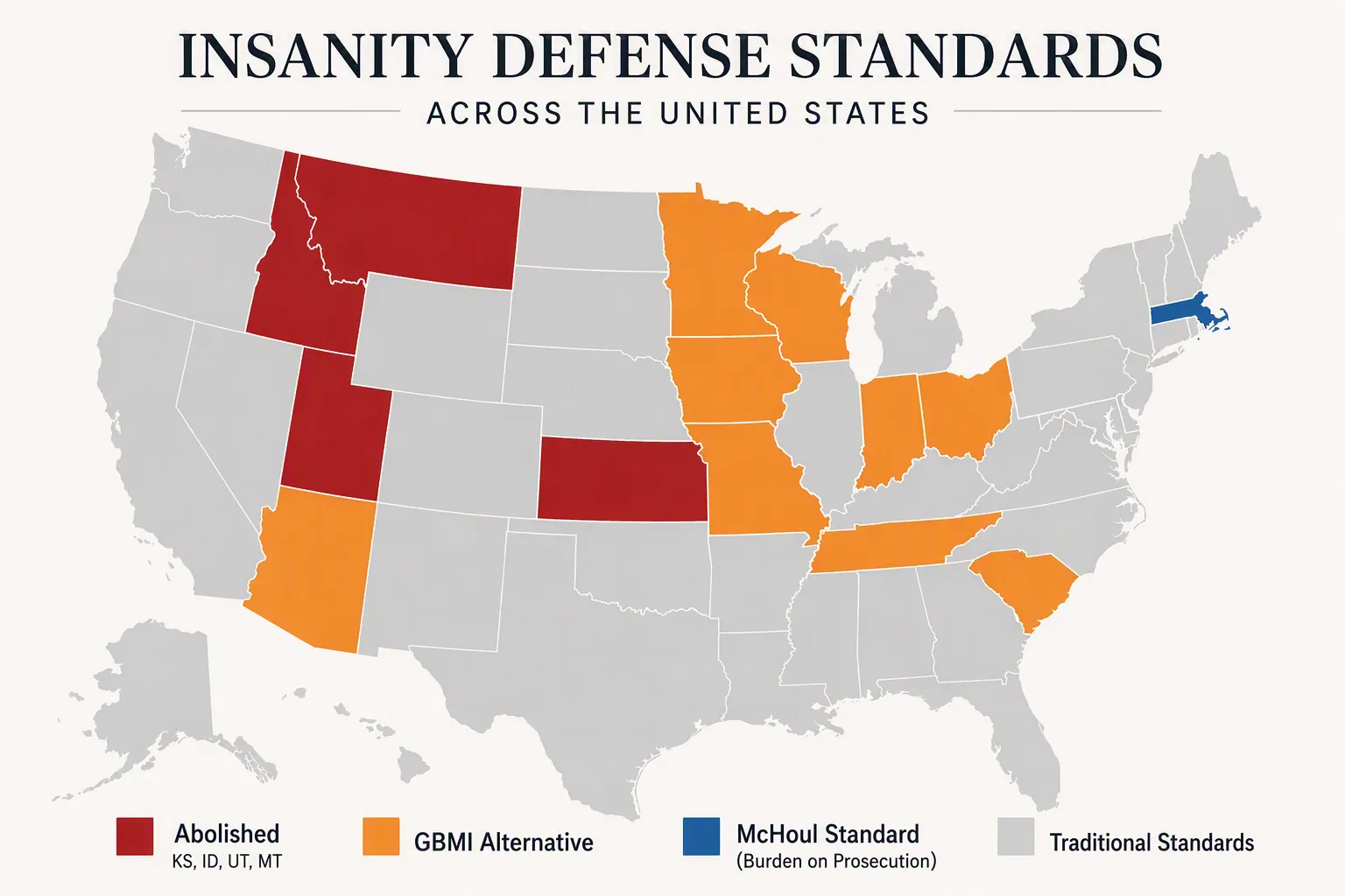 United States map showing abolished insanity-defense states, guilty-but-mentally-ill alternatives, and Massachusetts under the McHoul standard
